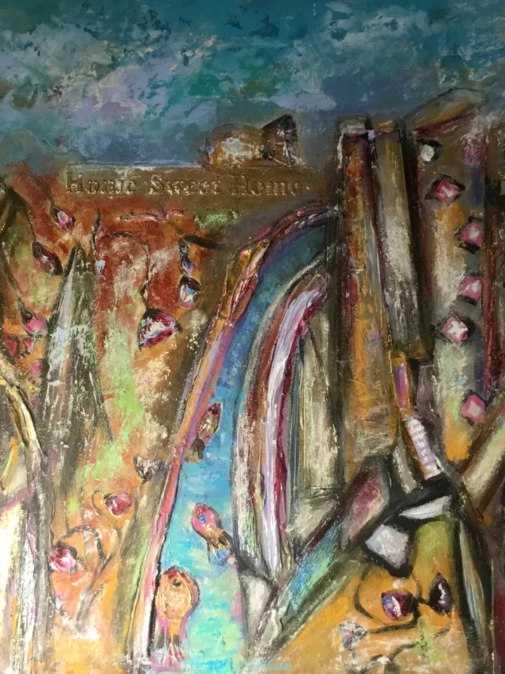 Fish town,original acrylic mix media fantasy painting ,collage wall art,fantasy town painting on cardboard,wall decoration.