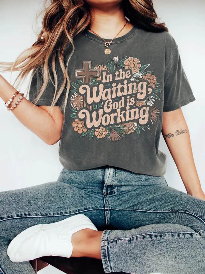 Boho Foral Christian PNG, Christian Sublimation Designs, Wildflower Png, Bible Verse Png, Instant DIGITAL In the Waiting, God is Working Png