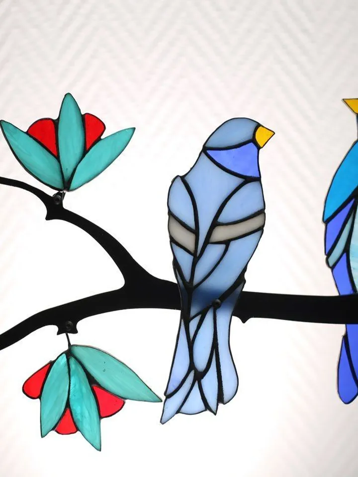 Stained Glass: The Bluebird. A Composition of Stained Glass and Iron Branch for Wall Decoration, Stained Glass with a Bluebird