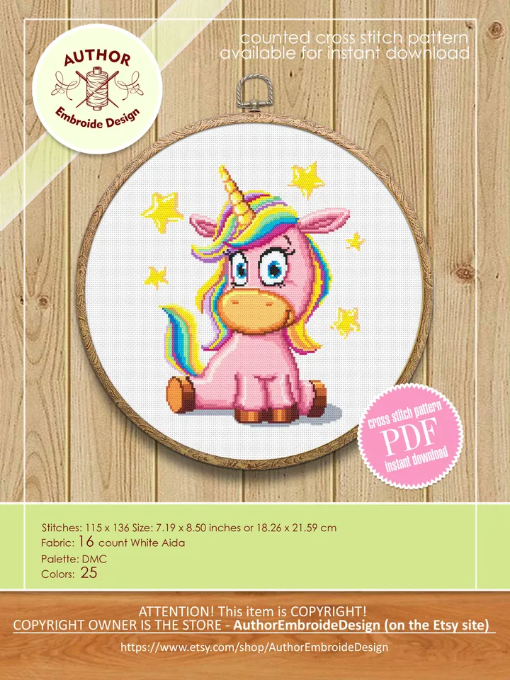 Rainbow unicorn cross stitch pattern download PDF Unicorn hand embroidery PDF, Funny baby animal cross stitch chart, Pink unicorn decor #K9