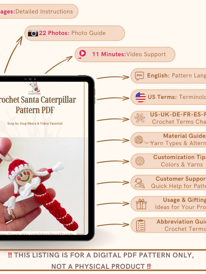 Crochet Santa Caterpillar, Digital Holiday Crochet Pattern for Decor, Adorable Christmas DIY Ornament Gift for Beginners