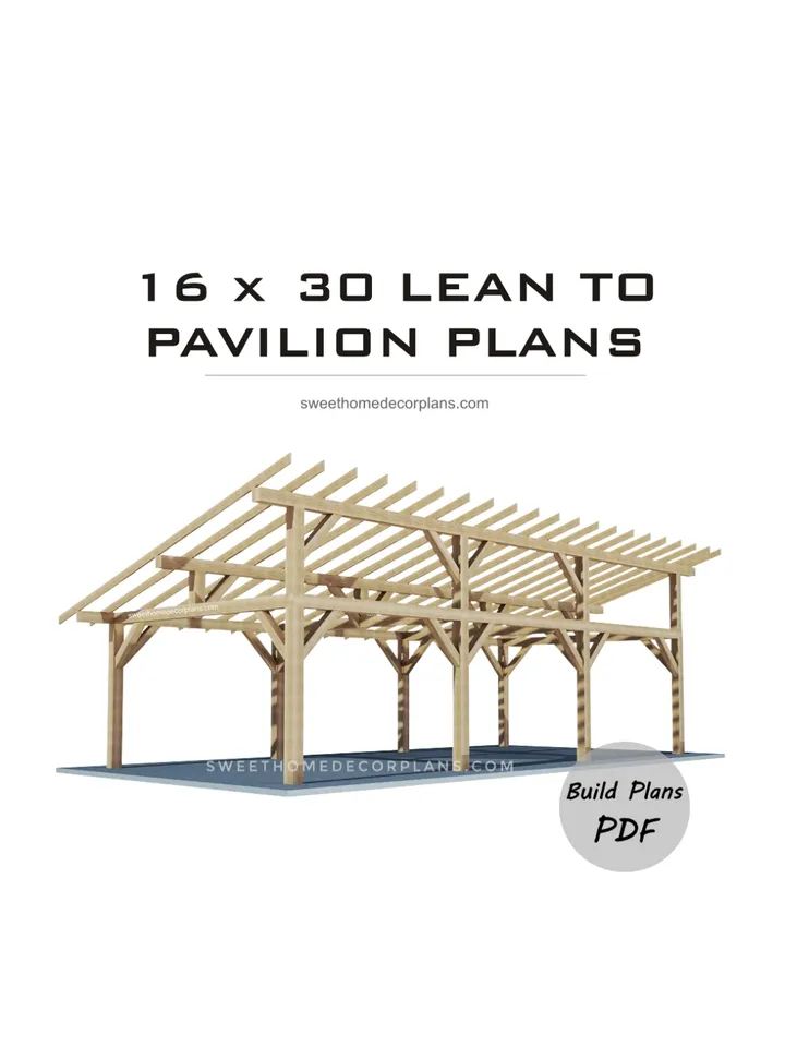 DIY 16 x 30 lean to pavilion plans pdf. Detached carport plans. Wooden covered gazebo outdoor plans. Timber frame backyard garage plans.