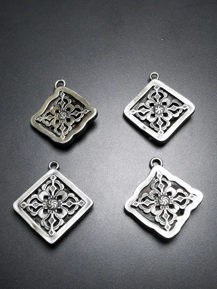 Gandhanra Antique Tibetan Buddhist Amulet,the Four Dignities-Garuda,Tiger,Dragon,Snow Lion,Buddhist Talisman,Inlaid with Sliver