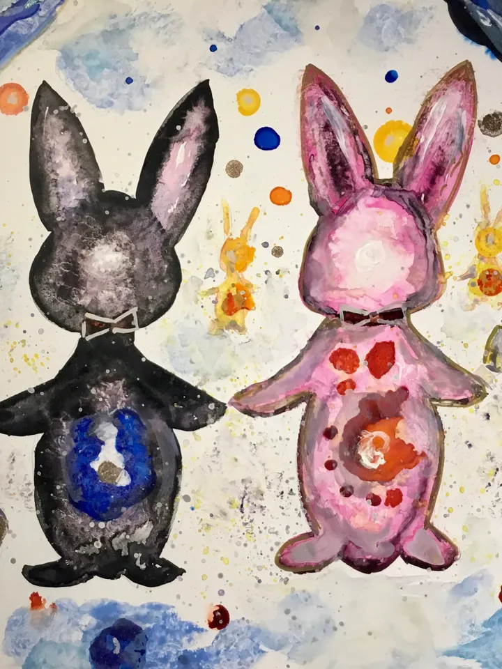 Cosmic bunnies original watercolour and alcohol inks  mix media painting on yupo paper,colourful rabbits wall decoration,unique gift.