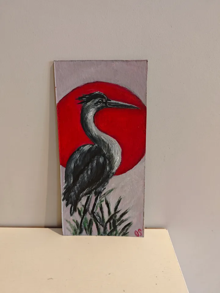 Japanese Crane Bird Original Painting Crane Bird Artwork Japanese Style Crane Modern Art Japanese Crane Red Sun Oil Painting 4 x 8 inches by OlgaSokolovaArt