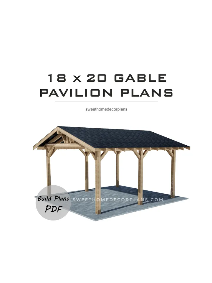 DIY 18 x 20 gable pavilion plans pdf. Detached carport plans. Wooden covered gazebo outdoor plans. Timber frame backyard pavilion plans.