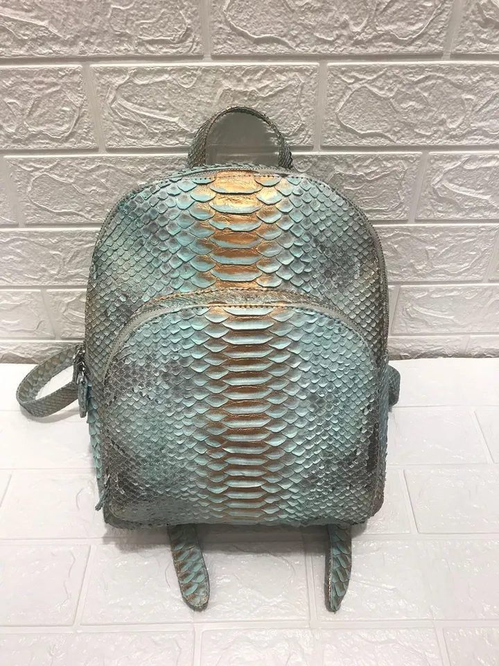 Genuine python skin blue backpack | designer women bags | exotic leather purse | trendy casual light blue snake backpack with pockets |