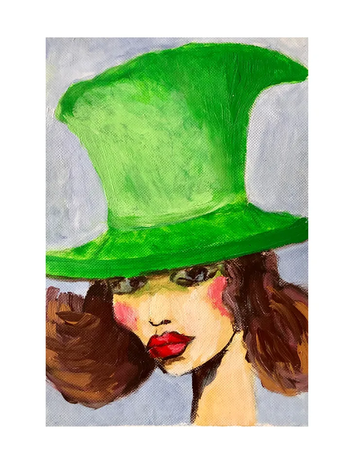 Girl in Green Hat Painting, Original Female Portrait Painting