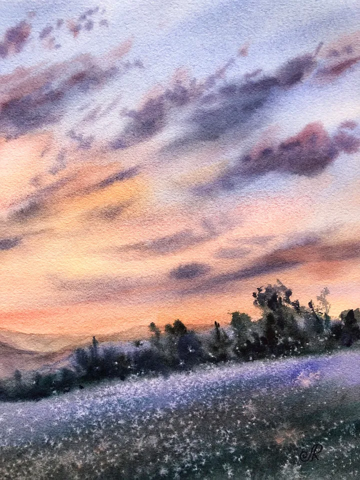 Sunset Painting Original Watercolor Landscape Cloud Painting Original Sky Wall art