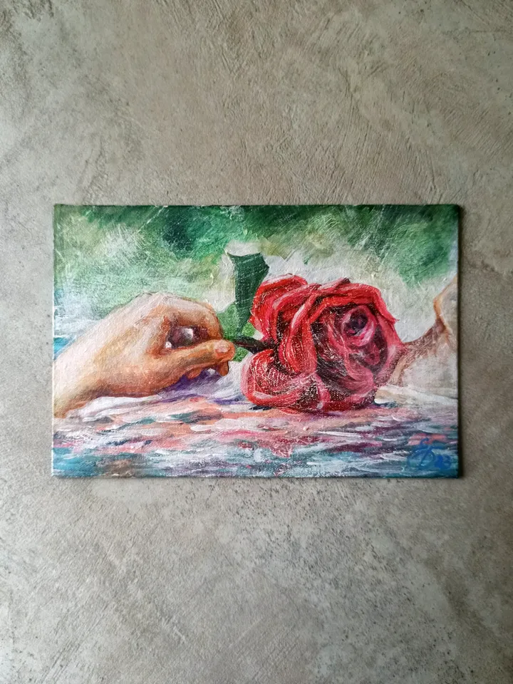 Miniature painting with a red rose in water, Relaxation, Original acrylic painting on cardboard with canvas 10x15cm