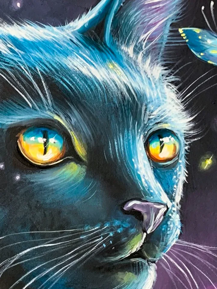 Black Cat and butterflies, oil painting on cardboard