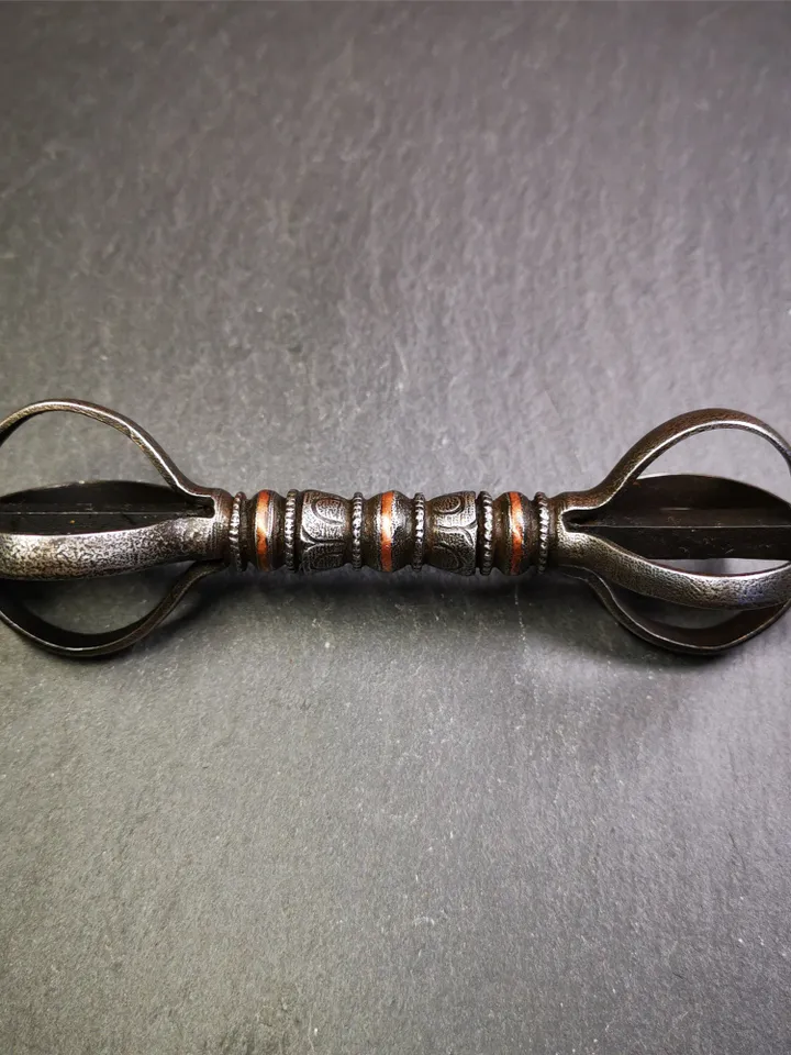 Gandhanra Vintage Five-pronged Vajra Dorje,Tibetan Tantric Buddhism (Vajrayana) Ritual,Altar Tool,Made of Cold Iron,Inlaid Copper
