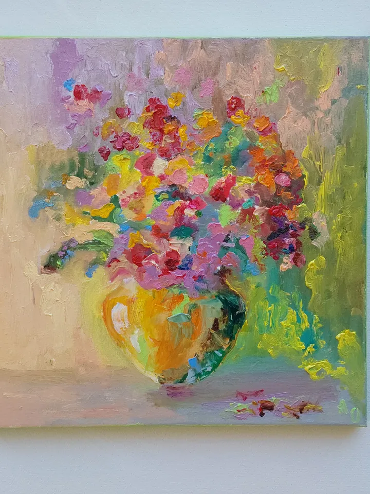 "Bouquet of sunny flowers" oil painting on canvas 30x30cm (12x12inch)