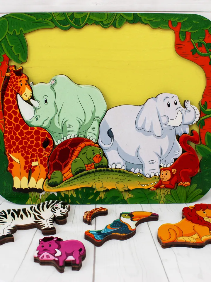 Wooden Puzzle - african jungle anim, Montessori toddler toy, jigsaw board