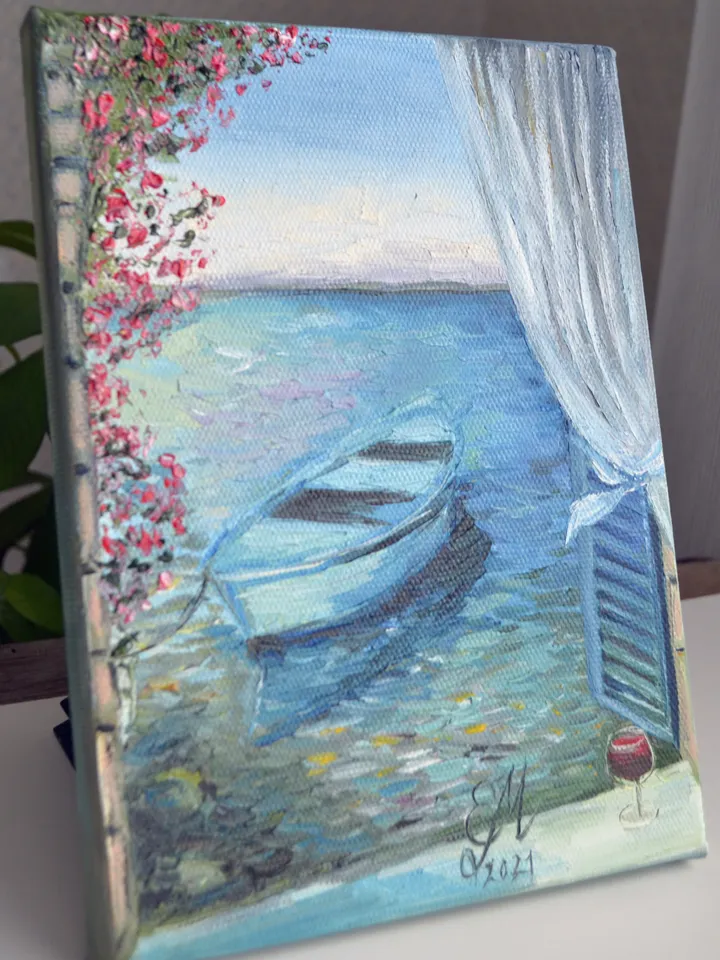 Boat Oil Painting Seascape Painting Original Painting Boats Art Beach Landscape Paintinting Sea in Window Art Oil Painting 7 by 9.5