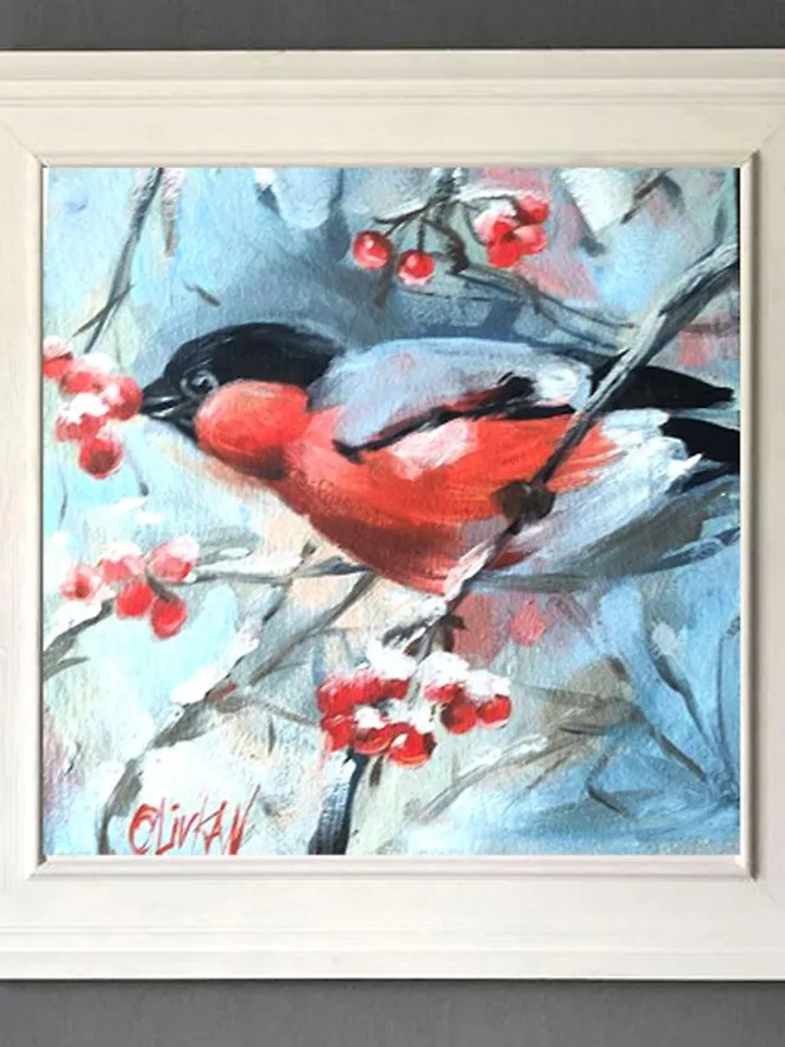 Bullfinch Painting 牛蛙 Original Art Bird Artwork Original Oil Painting