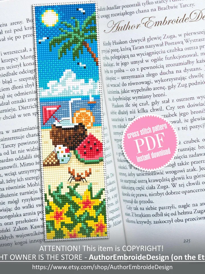 Beach bookmark cross stitch pattern PDF download Tropical drink cross stitch chart, Summer bookmark pattern digital, Beach life Hawaii #B434
