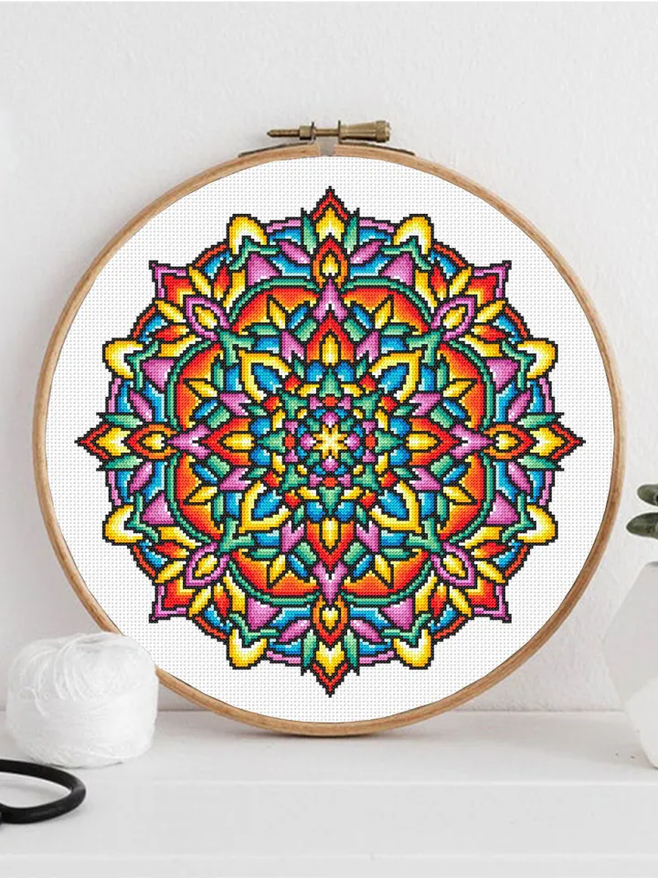 Stained glass mandala cross stitch pattern PDF download Modern Stained glass cross stitch chart, Colorful mandala pattern digital PDF #M266