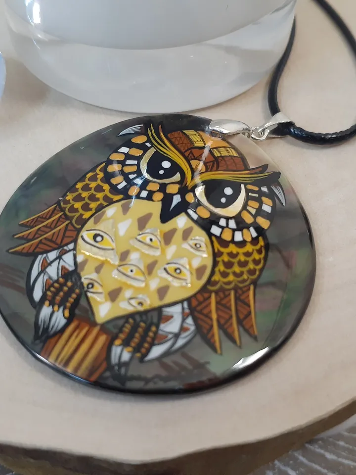 Pearl pendant necklace: Eagle Owl in style of Gustav Klimt • Awesome bird pendant for stylish women • Mystery Halloween owl amulet for witch