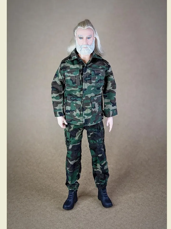 Military-style camo jacket, pants, and backpack for 12-inch fashion male dolls