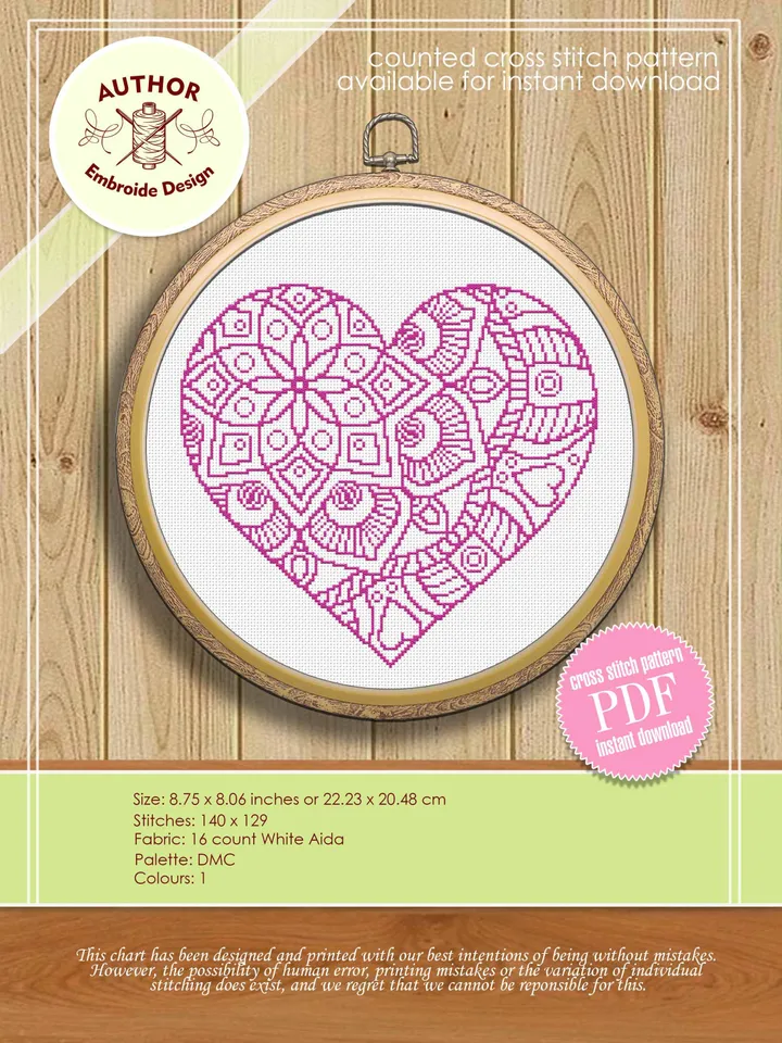 Heart mandala cross stitch pattern download PDF, Mandala heart shaped digital PDF, Heart ornament cross stitch chart, Valentine's Day #M73