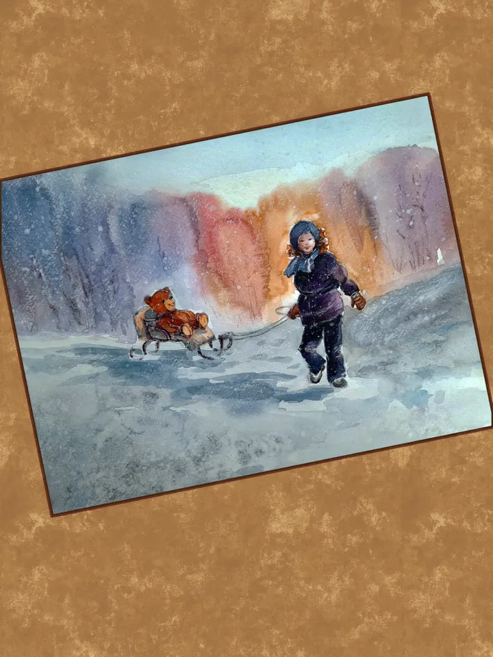 Watercolor painting. A fun walk with a teddy bear. The Winter Fun series 32x24cm (approx.12.6х9,5 inches with margins)
