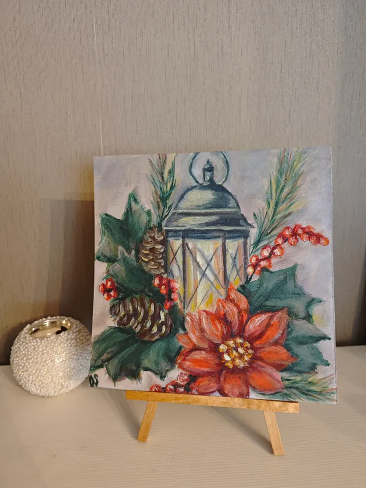 Christmas Mistletoe Original Painting Red Mistletoe And Flashlight Original Art X-mas Tree And Mistletoe Artwork Christmas Red Poinsettia Flower Oil Painting 8 x 8 inches by OlgaSokolovaArt