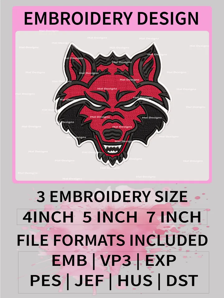 NCAA Arkansas State Red Wolves Embroidery File, 3 Sizes, 6 Formats, NCAA Machine Embroidery Design, NCAA Logo, NCAA Teams