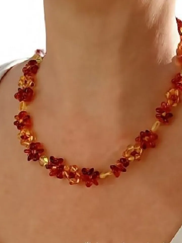 Natural Amber Flower Jewelry Necklace Women Multicolor Gemstone beads necklace Birthday Christmas Gift for Mom to Wife handmade Holiday Jewelry