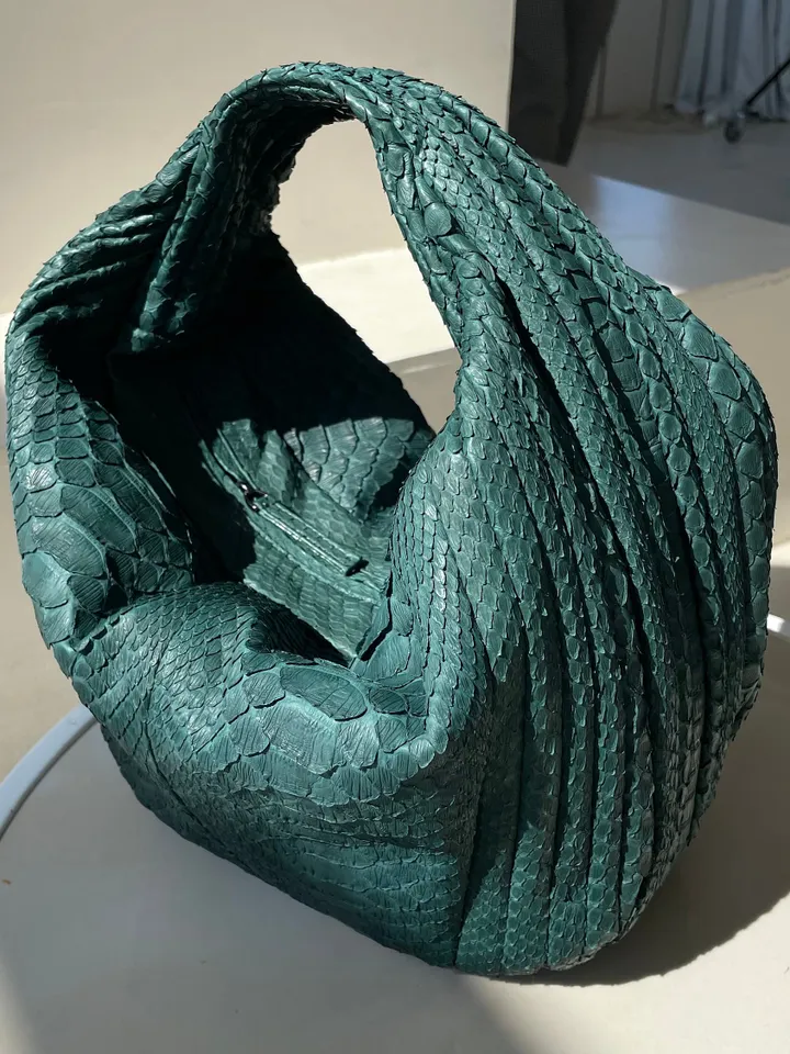 Medium Soft Hobo Classy Sport Woman Stitched Bag | Purse Genuine Python Skin | Dewi Green Big Elegant Leather Designer Soft Bag Snake |