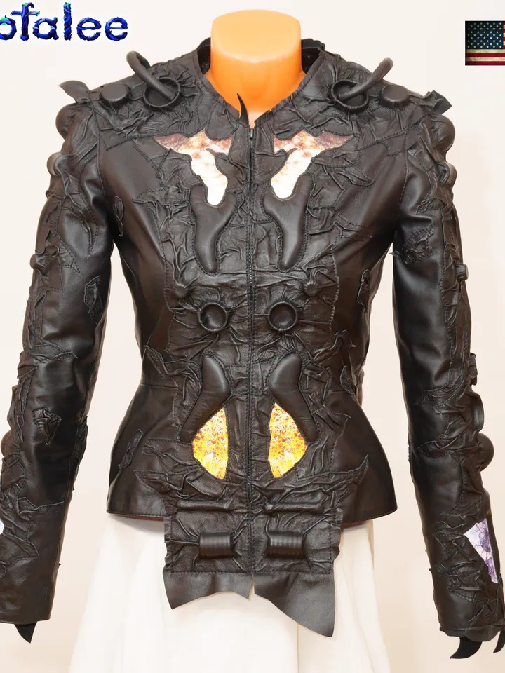 Women's short handmade jacket of genuine leather black color cyberpunk style. Cosmic futuristic design leather clothes