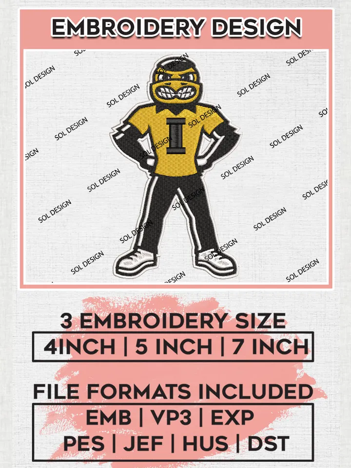 NCAA Iowa Hawkeyes College Team Funny Mascot Logo Embroidery Design Files, NCAA Iowa Hawkeyes Machine Embroidery, NCAA Teams, 3 sizes, NCAA Machine embroidery designs, Digital Download