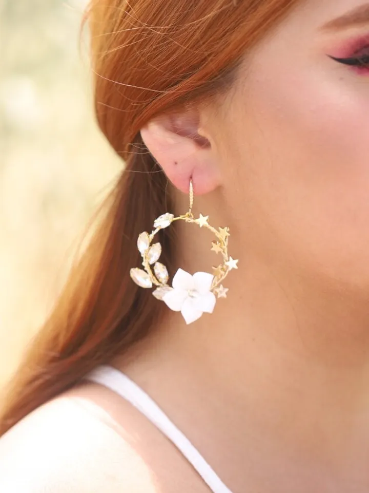 Silver Porcelain Flowers Hoop Boho Wedding Earrings , Statement Crystal Boho Bridal Earrings , Floral Bridal Jewelry, Flower Wedding Jewelry
