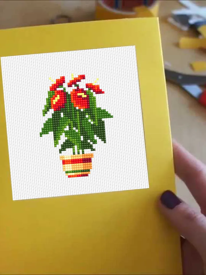 Red flower plant cross stitch pattern PDF download Simple mini cross stitch chart, Easy small cross stitch Anthurium, Plant lover gift #P20