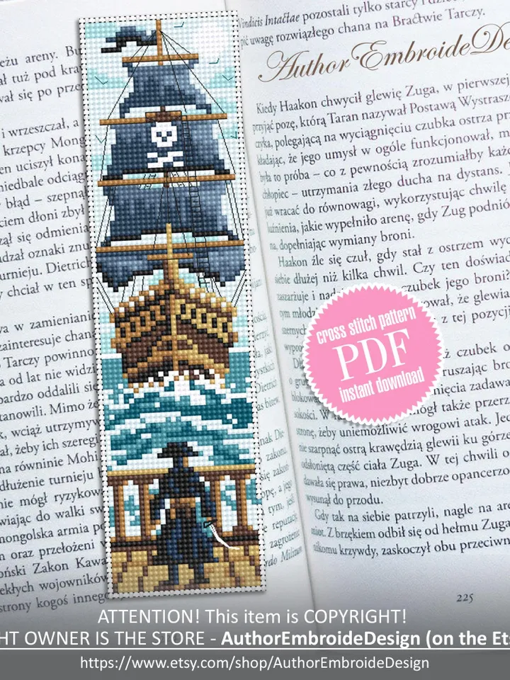 Pirate bookmark cross stitch pattern PDF download Pirate ship cross stitch chart, Needlepoint bookmark pattern digital PDF for boys #B474