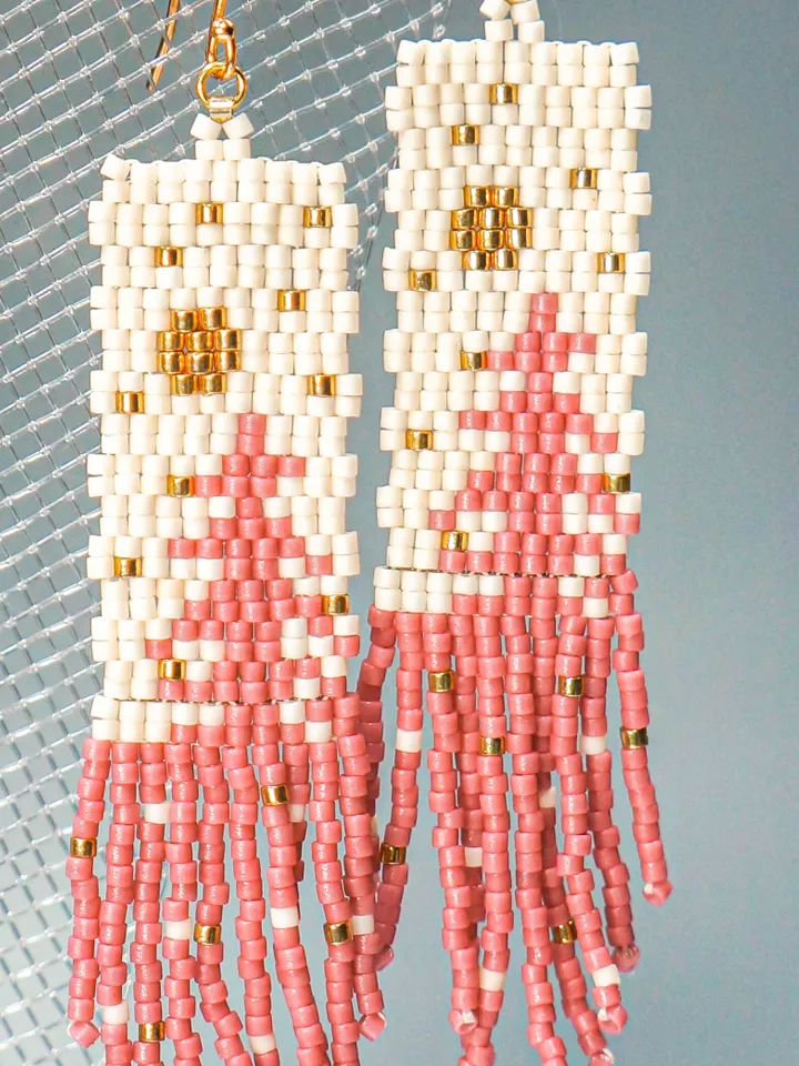 Trees-Patterned pink pine Japanese Bead and sterling Silver Earrings A Fusion of Elegance and Nature
