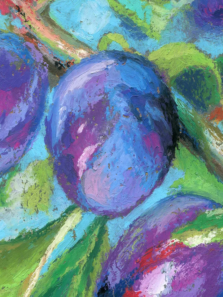 Plums Fruit on a branch Oil pastel drawing on kraft paper.