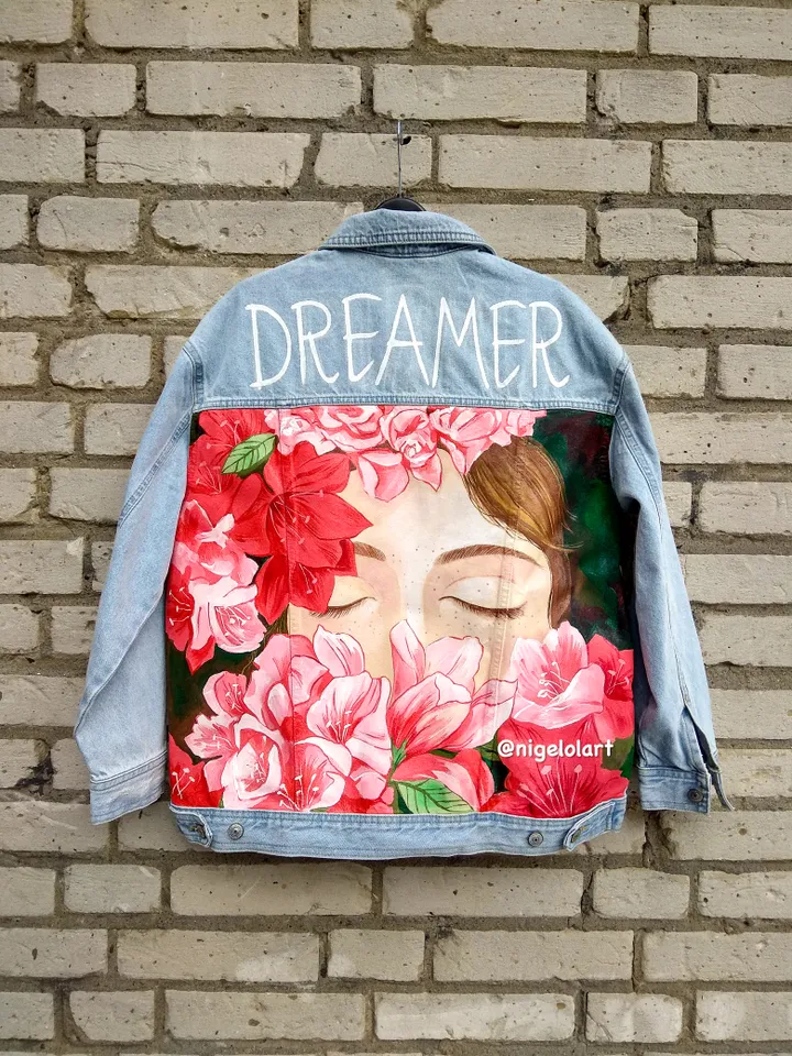Painted denim jacket Dreamer Custom gifts Jean jacket blue denim jacket