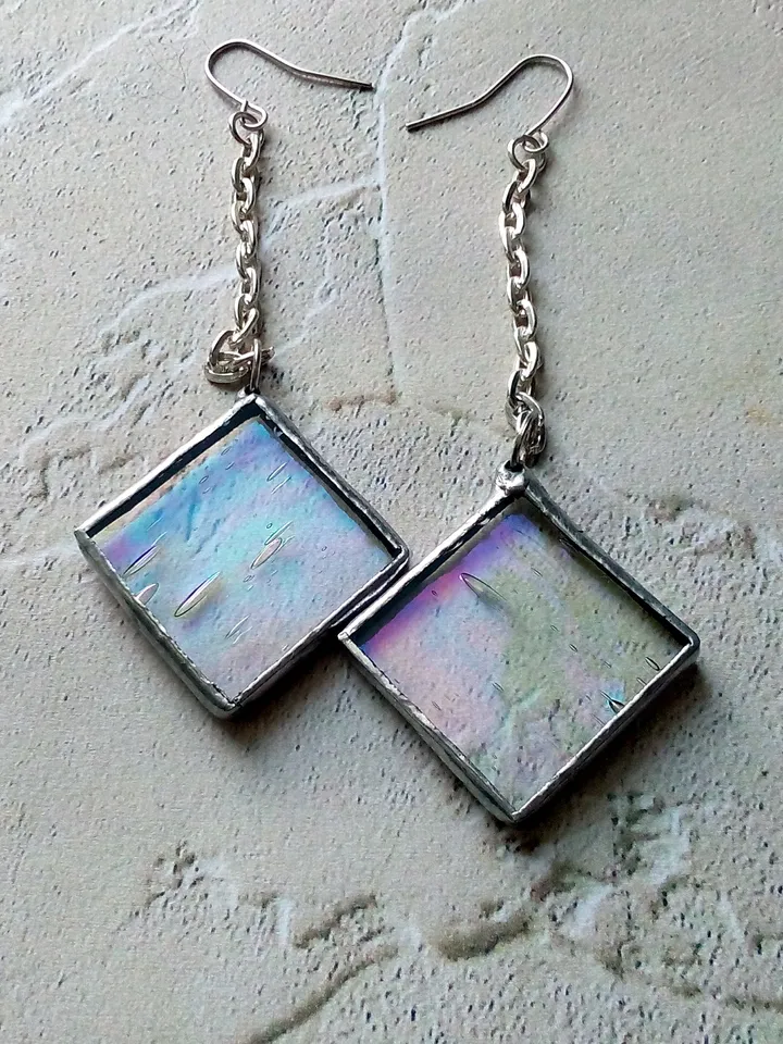 Iridescent stained glass, clear earrings, cute squar earrings, dichroic earrings, duochrome earrings