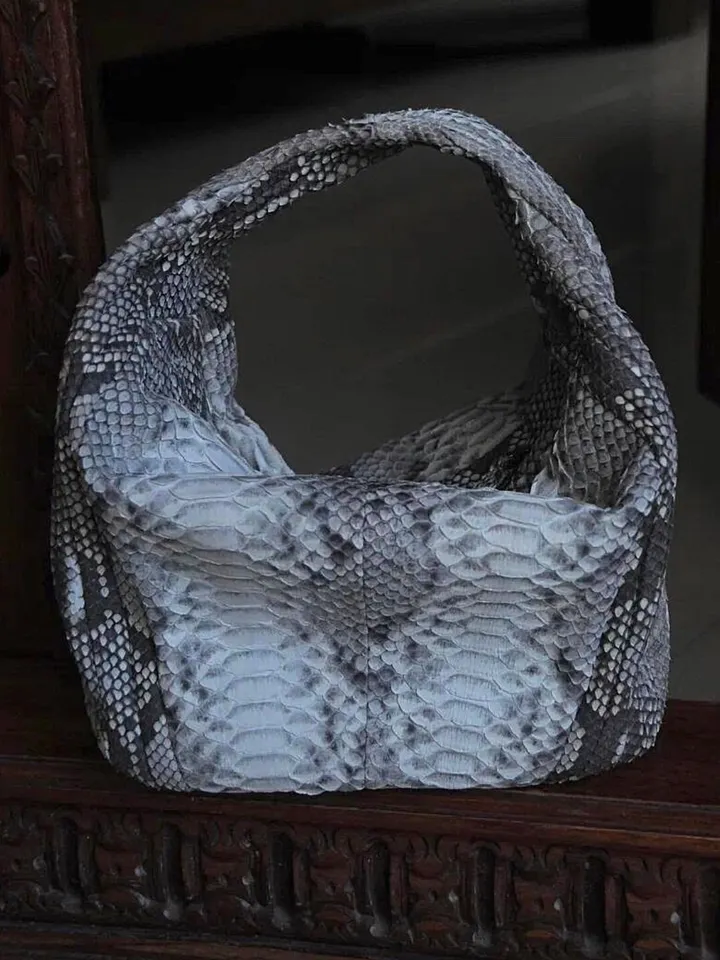 Medium Soft Hobo Classy Sport Woman Stitched Bag | Purse Genuine Python Skin | Dewi Gray Big Elegant Leather Designer Soft Bag Snake |