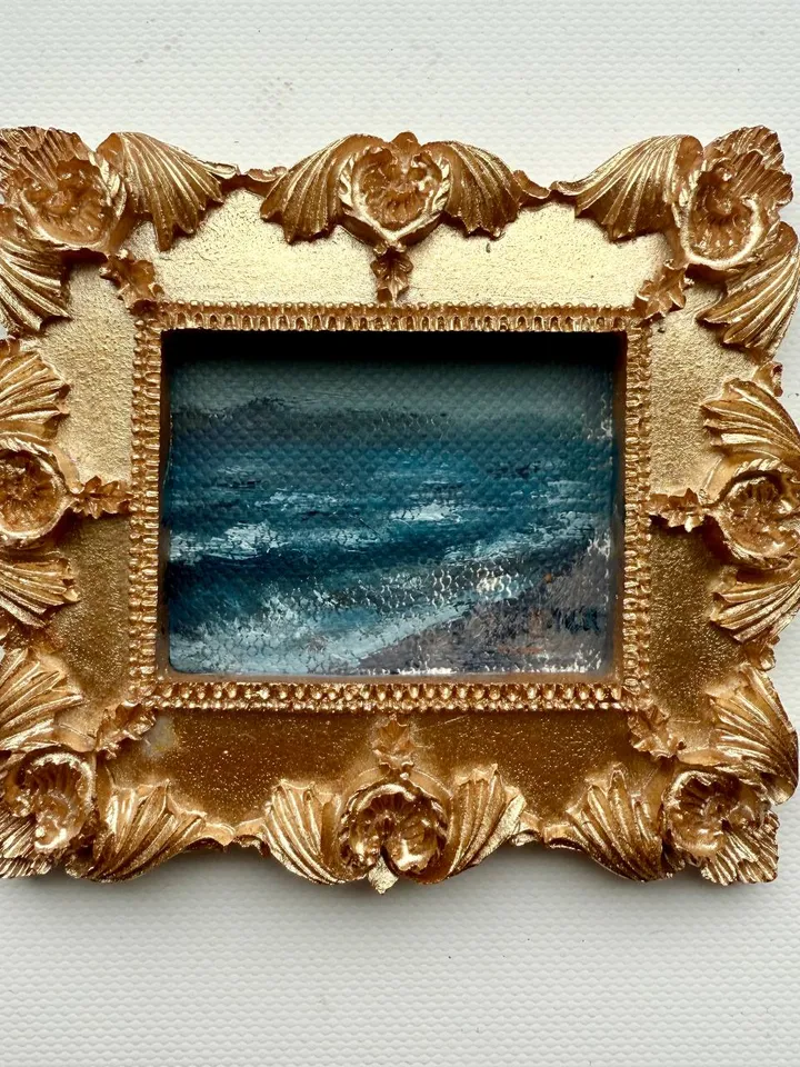 Small Landscape Oil Painting Framed Original Foggy Coast Painting Antique Ocean Art Gold Frame Tiny Paintings 3 x 4 Wave Art