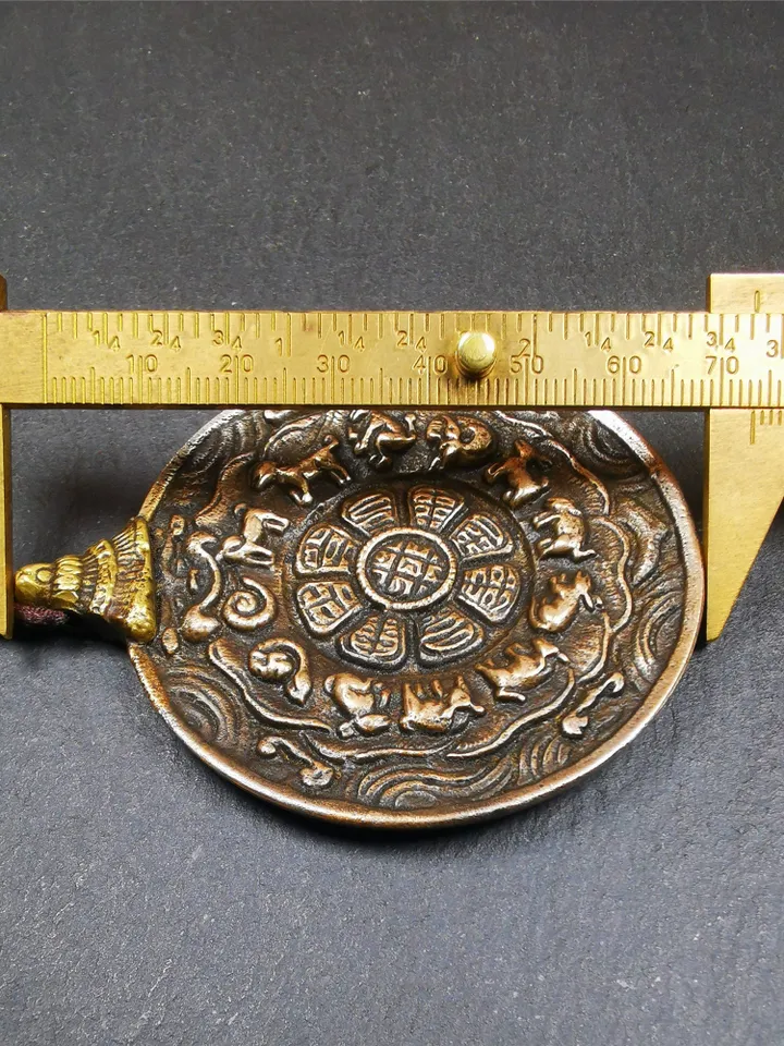 Gandhanra Vintage Tibetan Buddhist Amulet,Melong Mirror, SIPAHO(srid pa ho),Jiugong Bagua Badge,made of Lima Brass,2.48"