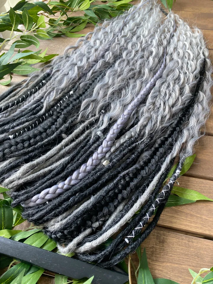 Black and gray synthetic crochet curly Double ended Dreads Ready to ship