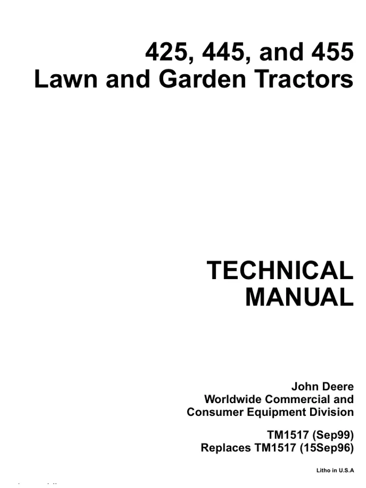 John Deere 425, 445, 455 Lawn Tractors Technical Manual Service TM1517