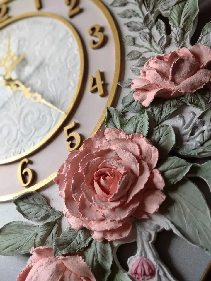 Large white wall clock with roses in shabby chic style Silent clock for bedroom, living room or girl's room Gift for Christmas, Birthday, Mother's Day, Wedding, Housewarming