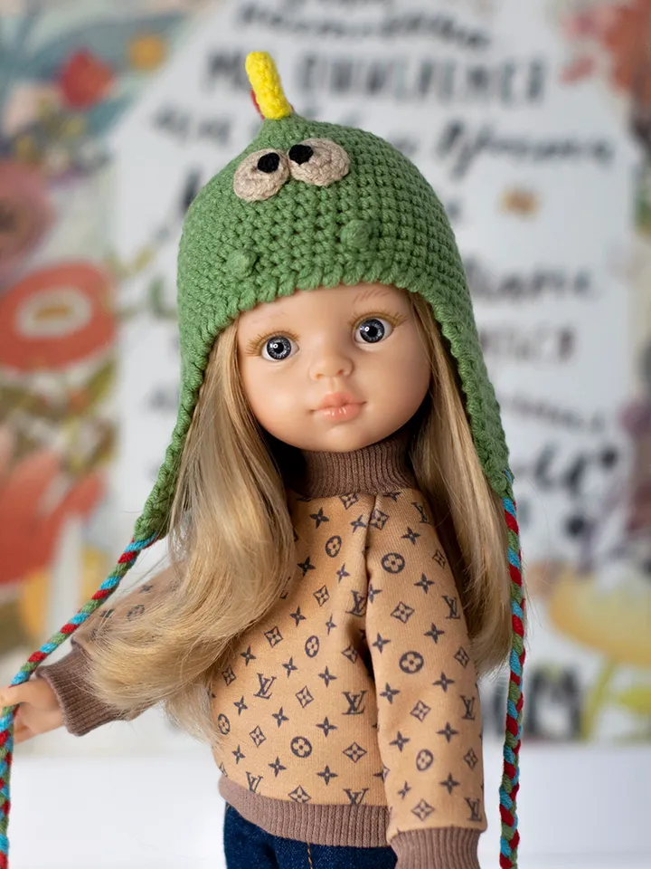 Crocheted Dinosaur hat for 13" dolls Paola Reina, Meadowdolls Dumplings, Little Darling, Siblies RRFF for Halloween