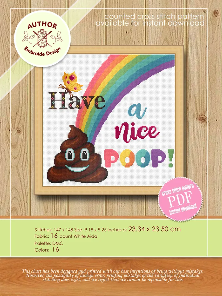 Poop emoji cross stitch pattern PDF download Have a nice poop cross stitch quote, Rainbow pattern digital PDF, Funny cross stitch chart #Q4