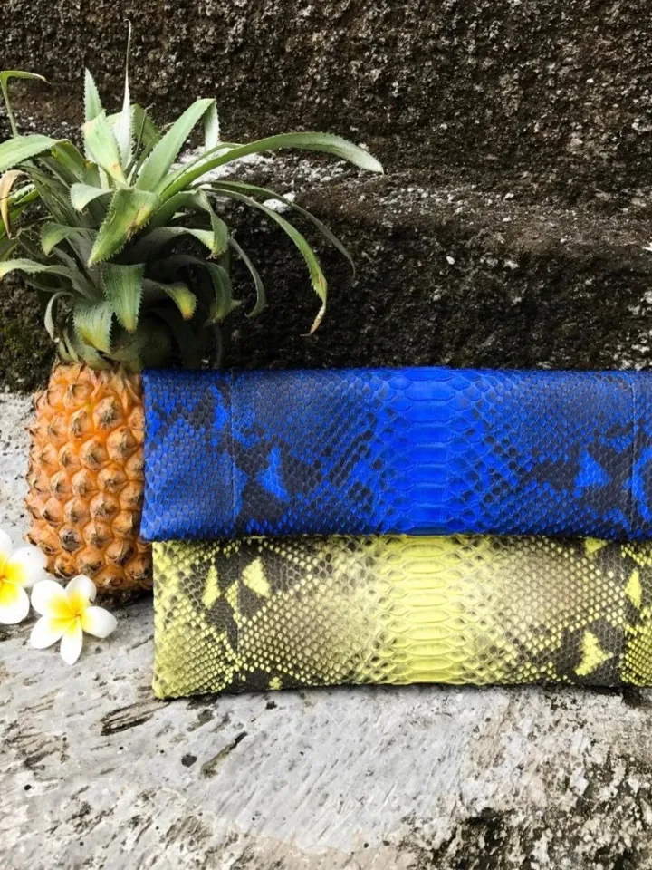 Genuine python skin blue and yellow colorblock handmade clutch, classy elegant leather envelope bag, purse free shipping, flat snake clutch