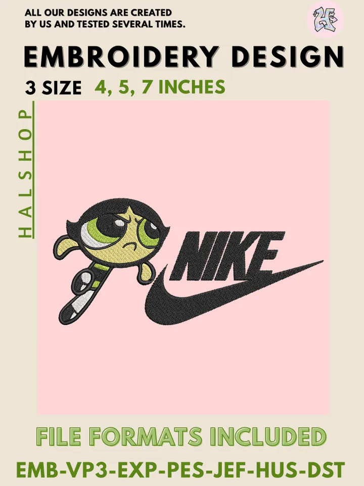 Buttercup x Nike Machine Embroidery Design – Powerpuff Girls Cartoon Digital Embroidery File 💚