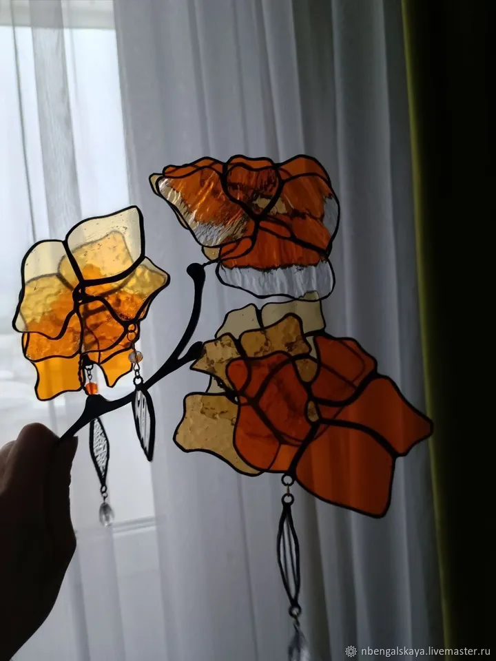 Yellow-Orange 3D Stained Glass Branch, 3D Branch in Yellow and Orange Tones, Handmade Stained Glass Floral Accent, Tiffany Glass Floral Twig in Warm Tones, Multilayer Yellow and Orange Stained Glass Stem, Artistic 3D Glass Flower Composition